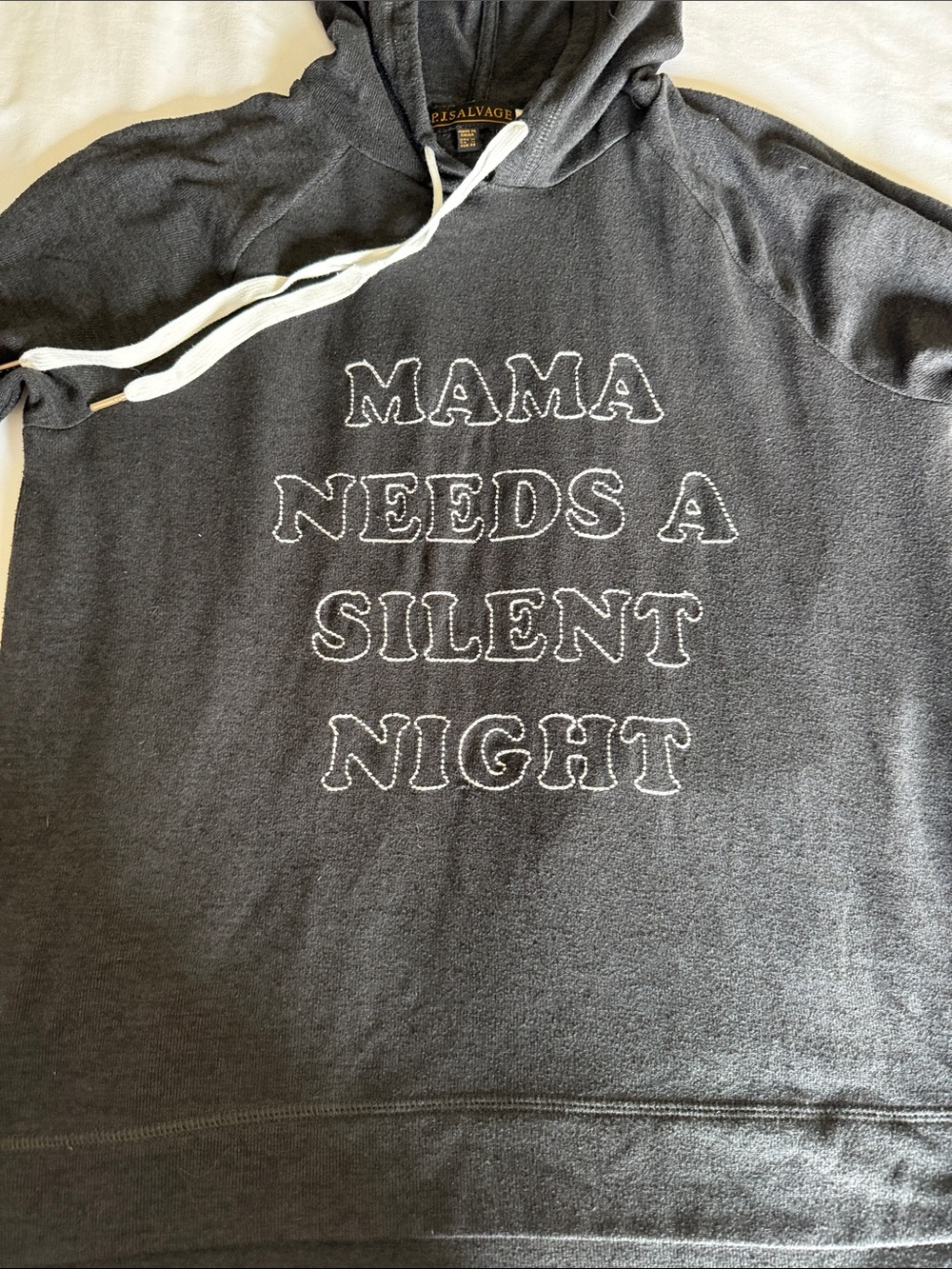 P.J. Salvage Charcoal Gray Hooded Pajama Top with White Lettering & measurements